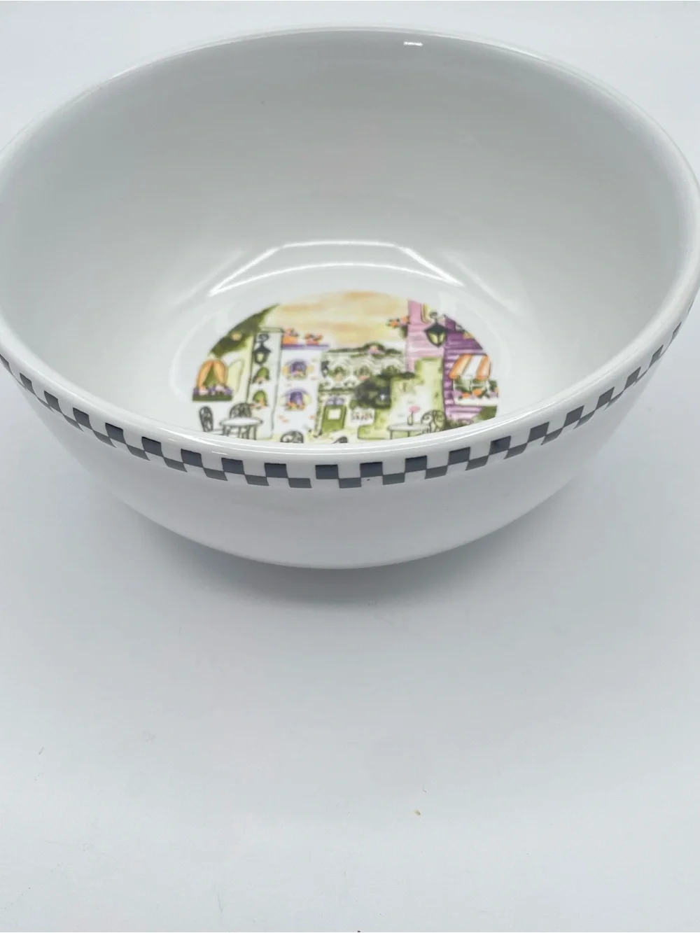 Set of 4 Bistro Cafe Scene Soup Bowls  6” Wide Black Check Border Ceramic